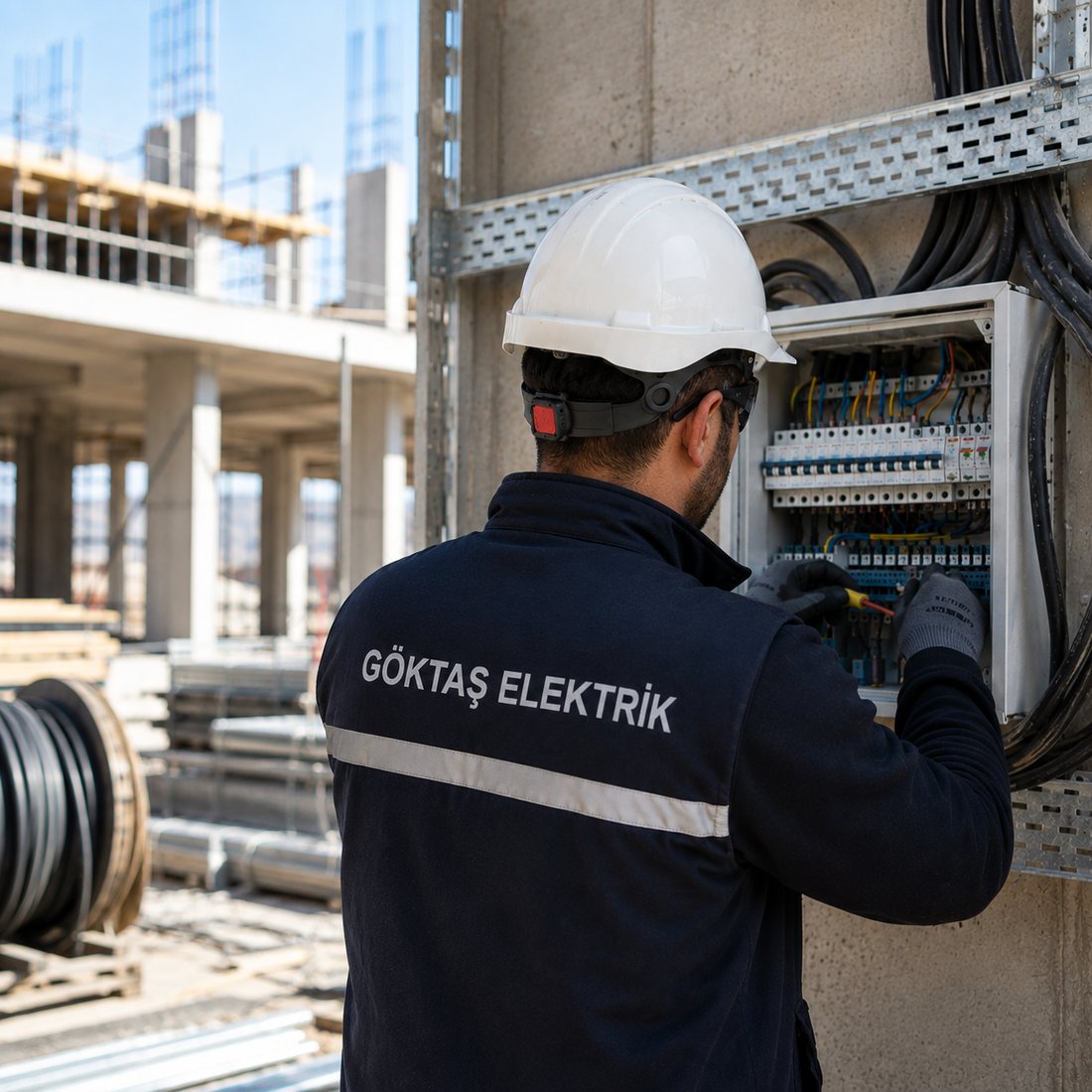 Göktaş Elektrik ekibi şantiyede pano bağlantısı yapıyor